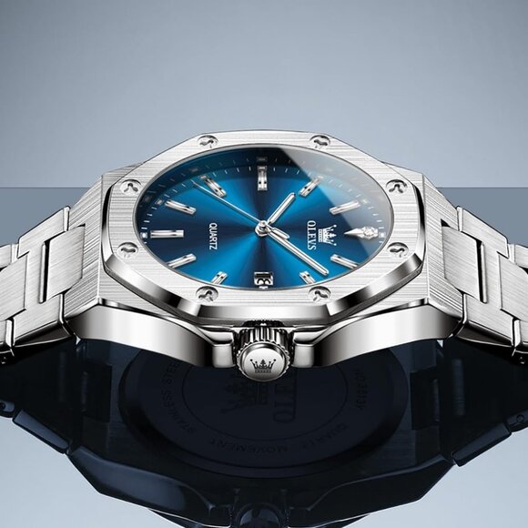 Olevs Men's Silver Blue Stain Steel Man Watch with Date Luminous Stylish Watch - Picture 5 of 6